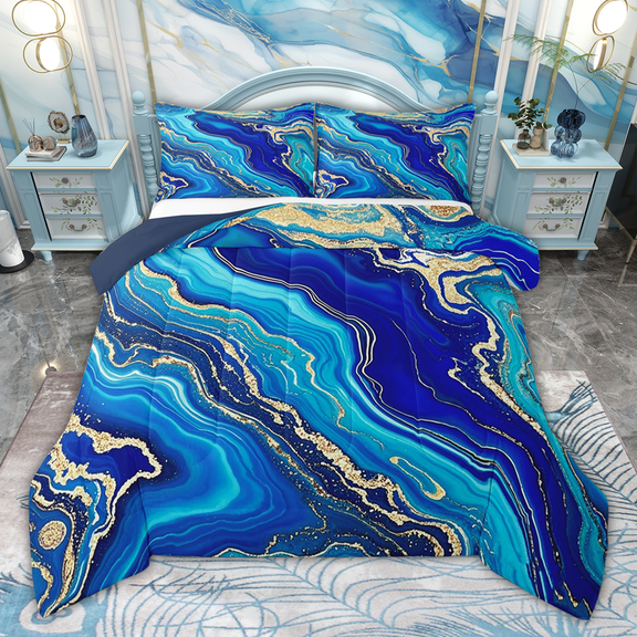 Manfei Blue Marble Bedding Twin Comforter Set, Modern Aesthetic Marbling Down Comforter, Watercolor Artwork Bedding Sets Twin with Comforter, Ultra Soft Bedroom Decor, 2 Pieces Reversible