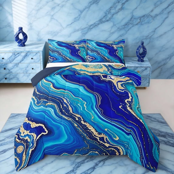 Manfei Blue Marble Comforter Sets Toddler Size, Modern Aesthetic Marbling Comforters & Duvets, Watercolor Artwork Bedding Toddler Comforter Set, Ultra Soft Bedroom Decor, 2-Piece Reversible