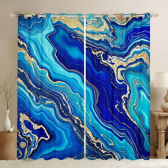 Manfei Blue Marble Curtains and Drapes (38x54), Modern Aesthetic Marbling Blackout Curtains for Bedroom, Watercolor Artwork Window Drapes, Luxurious Bedroom Decor