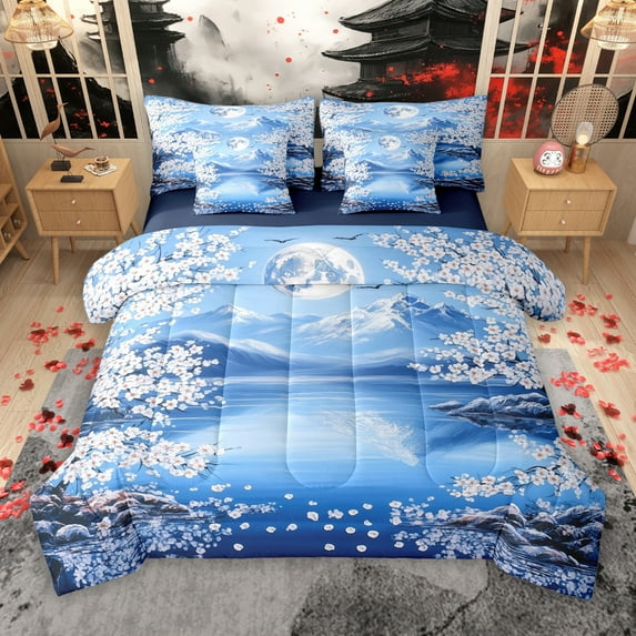 Manfei Blue Mount Fuji 7-Piece Bedding Comforter Set for Teen, Tokyo Cherry Blossoms King Bedding Sets, Japanese Style Reversible Bed Sheets, Lightweight Room Decor
