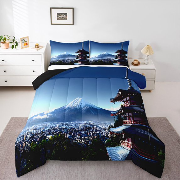 Manfei Blue Mount Fuji Bedding Sets Full with Comforter, Nature Scenery Comforter Sets Full Size, Japanese Style Reversible Down Comforter, Breathable Room Decorative, 3pcs