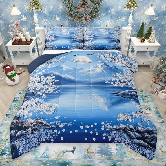 Manfei Blue Mount Fuji Full Size Comforter Sets for Teen, Tokyo Cherry Blossoms Bedding Comforter Set, Japanese Style Reversible Bedding Sets, Lightweight Room Decor, 3-Piece