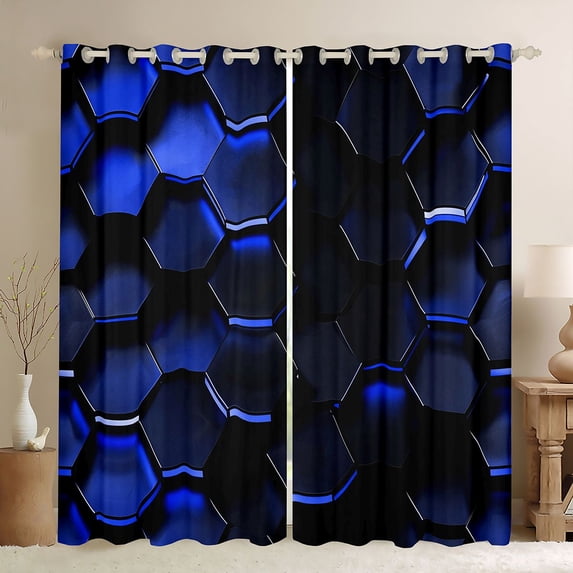 Manfei Blue Neon Honeycomb Kitchen Curtains, Glowing 3D Hexagon Black Out Curtains Pack of 2 (42x63 Each)