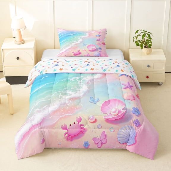 Manfei Blue Ocean Waves Twin Comforter Sets,Pink Sand Bedding Set,Colorful Stars Reversible,2-Piece,1 Comforter and 1 Pillowcase