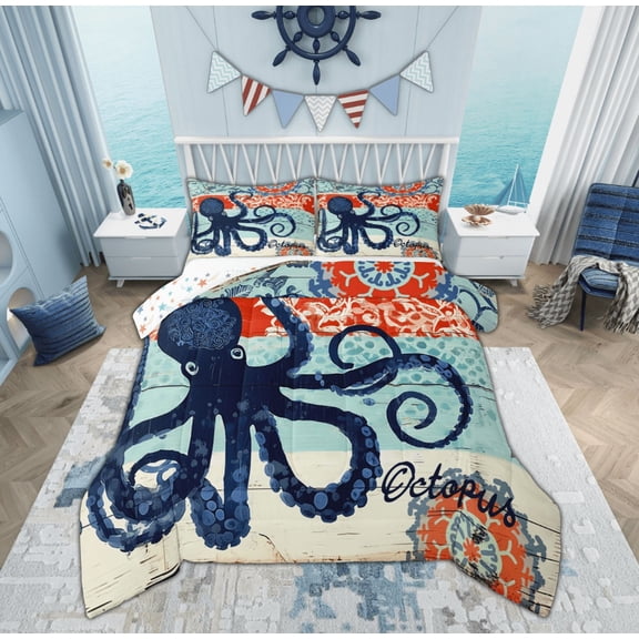 Manfei Blue Octopus Bedding Sets Twin with Comforter, Cartoon Ocean Animal Comforter Sets Twin Size, Damask Floral Reversible Down Comforter, Super Cozy Bedroom Decoration, 2pcs