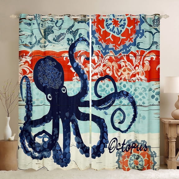 Manfei Blue Octopus Curtains for Living Room, Cartoon Ocean Animal Blackout Curtains for Bedroom, Damask Floral Curtains Pack of 2 (42x63), Super Cozy Bedroom Decoration