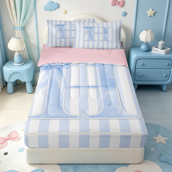 Manfei Blue Personalized Initial H Zipper Queen Comforter Set with Fitted Sheet and 2 Pillowcases,Abstract Geometric Stripes Zipper Bedding Set,Pink Reversible,4-Piece