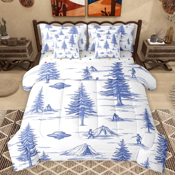 Manfei Blue Pine Tree Twin Bedding Sets 7-Piece for Kids, Rustic Farmhouse Plant Bedding Comforter Set, Outer Space Spaceship Reversible Sheet Sets, Super Cozy Room Decor