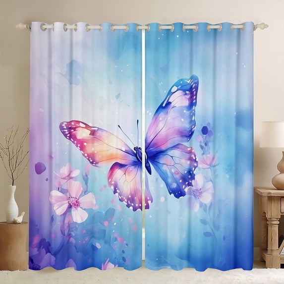 Manfei Blue Pink Butterfly Black Out Curtains, Kawaii Dreamy Animal Curtains Pack of 2 (42x63 Each), Blossoms Floral Flower Bedroom Curtains, Window Curtains Decor