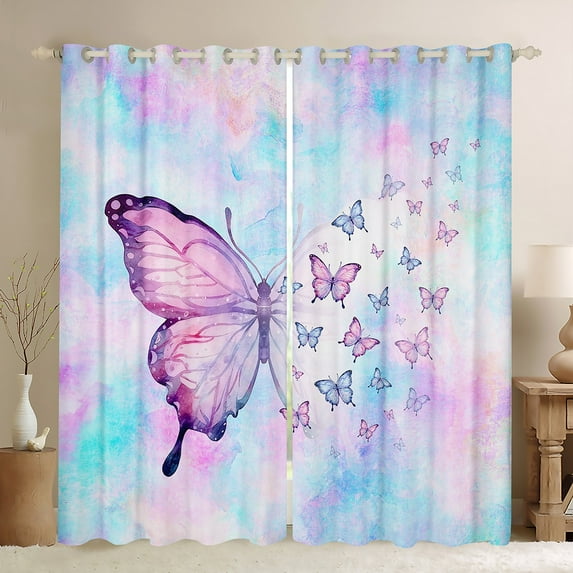 Manfei Blue Pink Butterfly Black Out Curtains, Romantic Dreamy Animal Curtains Pack of 2 (42x63 Each), Teens Girls Kids Female Bedroom Curtains, Window Curtains Decor