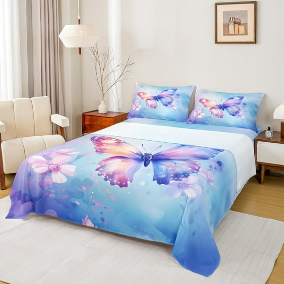 Manfei Blue Pink Butterfly Full Size Sheets, Kawaii Dreamy Animal Bed Sheets, Blossoms Floral Flower Sheet Sets, Luxury Bedroom Decor, 4pcs
