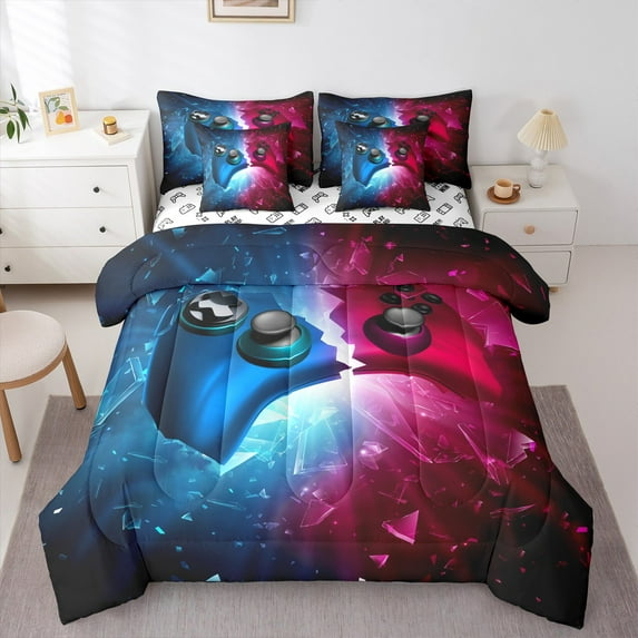 Manfei Blue Pink Game Console Twin Bedding Sets 7-Piece, Modern Gamepad Lover Bedding Comforter Set, Teen Boy Girls Kid Reversible Sheet Sets, Microfiber Bedroom Decor