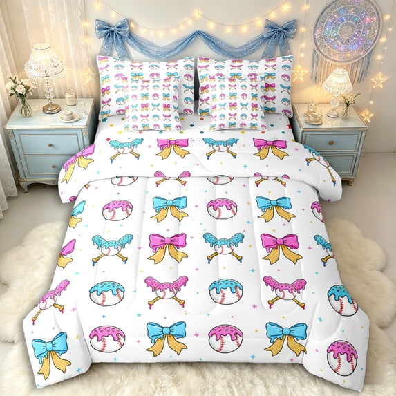 Manfei Blue Pink Ice Cream Drip Bedding Comforter Set 7pcs for Kids Teens,Boys Girls Sport Baseball Bowknot Queen Bedding Sets,Ultra Soft Home Decor