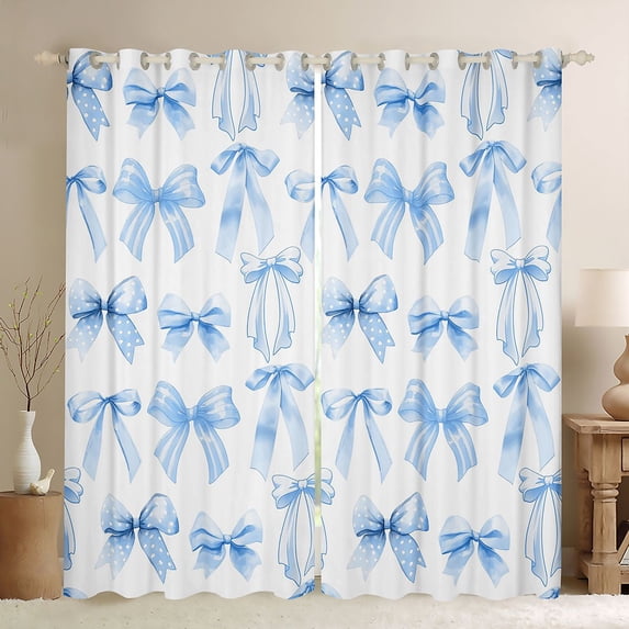 Manfei Blue Polka Dot Bow Print Blackout Curtains Set of 2 (52x84 Each) for Girls, Cute Ribbon Bows Window Curtains