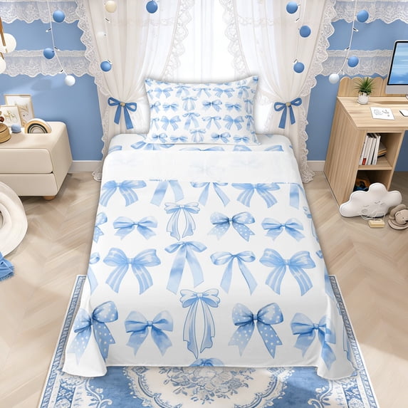 Manfei Blue Polka Dot Bow Print Twin Sheet Sets for Girls, Cute Ribbon Bows Bedding, 3pcs
