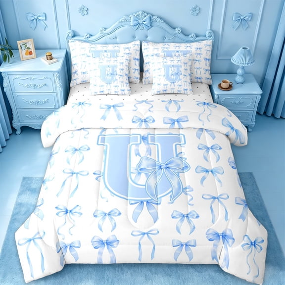Manfei Blue Princess Bow 7-Piece Twin Bedding Sets For Girls,Letter U Initial Bedding Comforter Set For Kids,Reversible