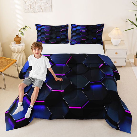 Manfei Blue Purple Neon Honeycomb Full Size Comforter Sets, Glowing 3D Hexagon Bedding Comforter Set, Black Reversible 3 Pieces, 1 Comforter and 2 Pillowcases