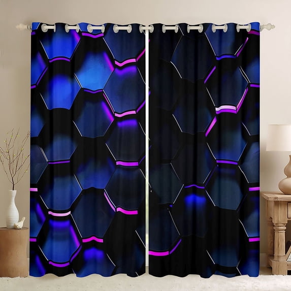 Manfei Blue Purple Neon Honeycomb Kitchen Curtains, Glowing 3D Hexagon Black Out Curtains Pack of 2 (42x63 Each)