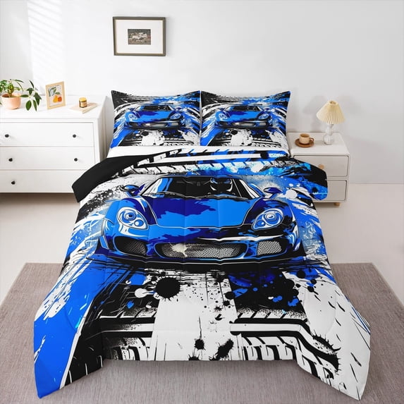Manfei Blue Racing Car Queen Comforter Set, Modern Speed Sports Bedding Comforter Set, Teens Boys Girls Kids Reversible Bedding Set, Ultra Soft Home Decor, 3pcs