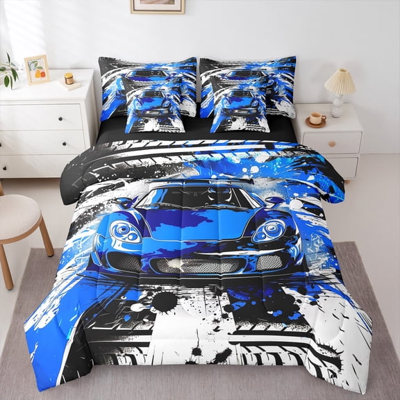 Manfei Blue Racing Car Twin Bedding Sets 7-Piece, Modern Speed Sports Bedding Comforter Set, Teens Boys Girls Kids Reversible Sheet Sets, Ultra Soft Home Decor