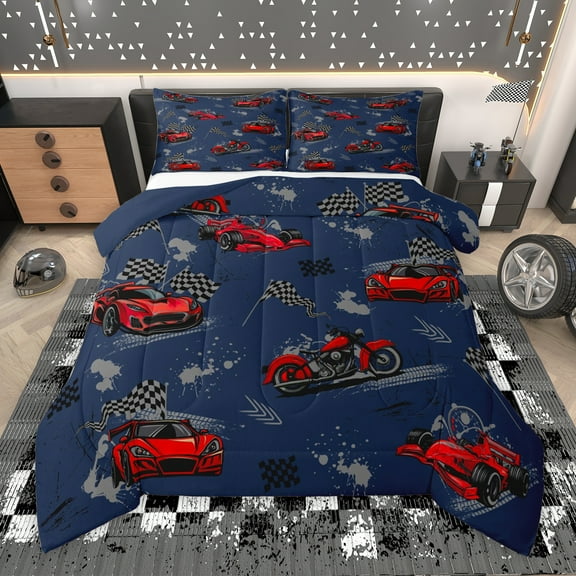 Manfei Blue Red Racing Car Bedding Comforter Set for Boys, Cartoon Motorcycle Twin Comforter Sets, Modern Checkered Flag Reversible Bedding Set, Microfiber Bedroom Decor, 2 Pieces