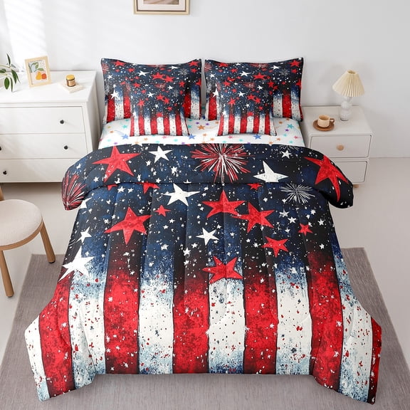 Manfei Blue Red Stars Bed in a Bag King Size,Splatter Ink Bed Set,Red White Lines Bedding King Size,Super Cozy Room Decorative Reversible,7 Pieces