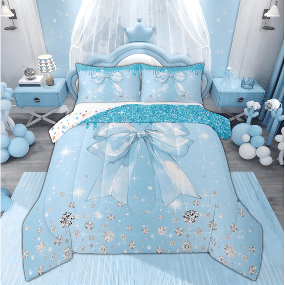 Feelyou Blue Ribbon Bedding Comforter Set, Diamond Sequin Print Twin Comforter Sets, Princess Bowknot Bedding Set, Breathable Room Decoration, 2-Piece