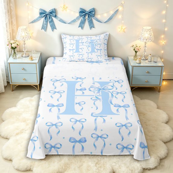 Manfei Blue Ribbon Bow Letter Monogrammed H Twin Sheet Sets 3pcs for Teens Girls,Kids Cartoon Bowknot Polka Dots Bedding,Super Cozy Room Decor