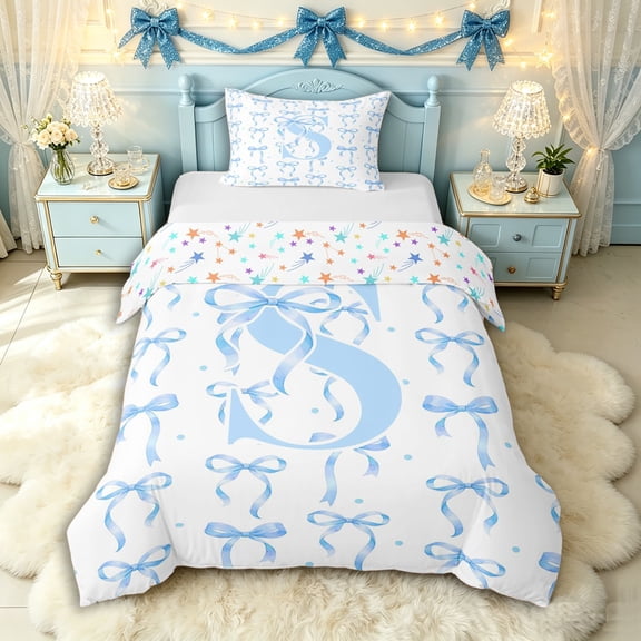 Manfei Blue Ribbon Bow Letter Monogrammed S Twin Bedding for Teens Girls,Kids Cartoon Bowknot Polka Dots Duvet Cover Set,Breathable Home Decor,2pcs,No Comforter