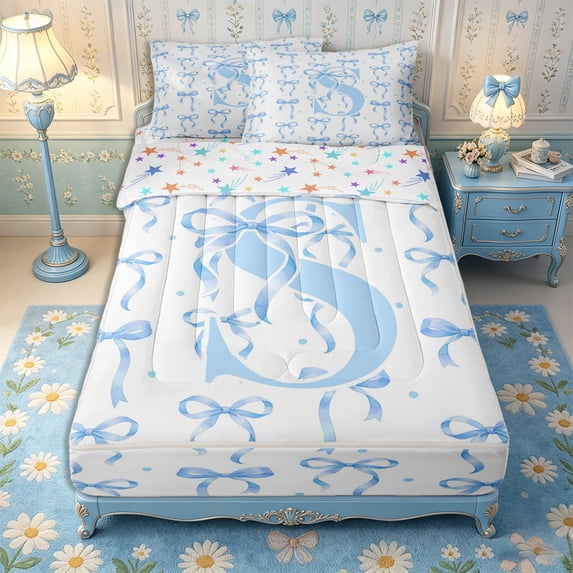 Manfei Blue Ribbon Bow Letter S Zipper Twin Comforter Sets with Fitted Sheet and 2 Pillowcases for Teens Girls,Cartoon Bowknot Polka Dots Zipper Bedding Set,4-Piece,Reversible