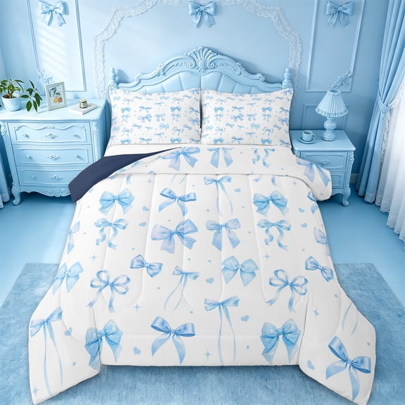 Manfei Blue Ribbon Bow Queen Comforter Set,Dreamy Princess Bowtie Theme Bedding Comforter Set For Kids Girls,Navy Blue Reversible,3-Piece