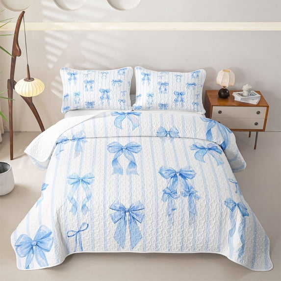 Manfei Blue Ribbon Bow Twin Quilt Set for Girls,Teens Female Geometric Stripes Twin Coverlet Set
