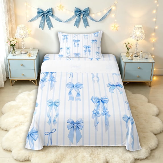 Manfei Blue Ribbon Bow Twin Sheet Sets 3pcs for Kids Girls,Teens Female Geometric Stripes Bedding,Super Cozy Room Decor