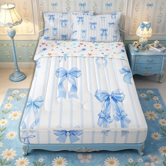 Manfei Blue Ribbon Bow Zipper Twin Comforter Sets with Fitted Sheet and 2 Pillowcases,Teens Girls Geometric Stripes Zipper Bedding Set,4-Piece,Reversible