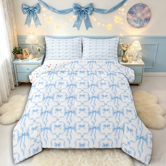 Manfei Blue Ribbon Bowknot Full Size Comforter Sets 3 Pieces for Kids Teens,Kawaii Bow Plaid Bedding Sets for Girls,Ultra Soft Home Decor