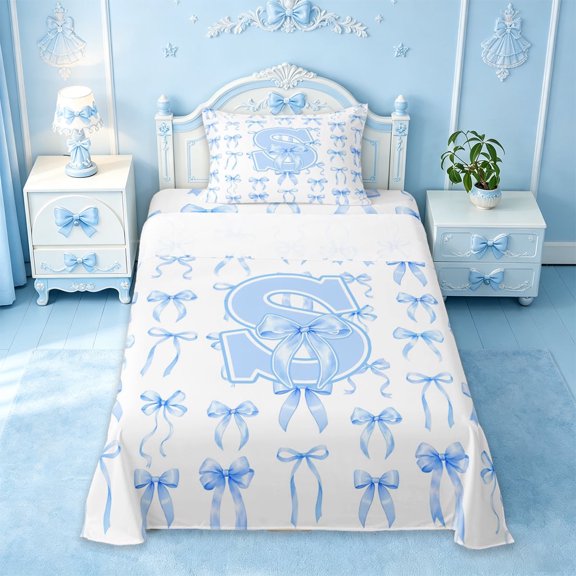 Manfei Blue Ribbon Bowtie Twin Sheet Sets For Girls,3D Cartoon Letter S Initial Lettering Bedding,3-Piece