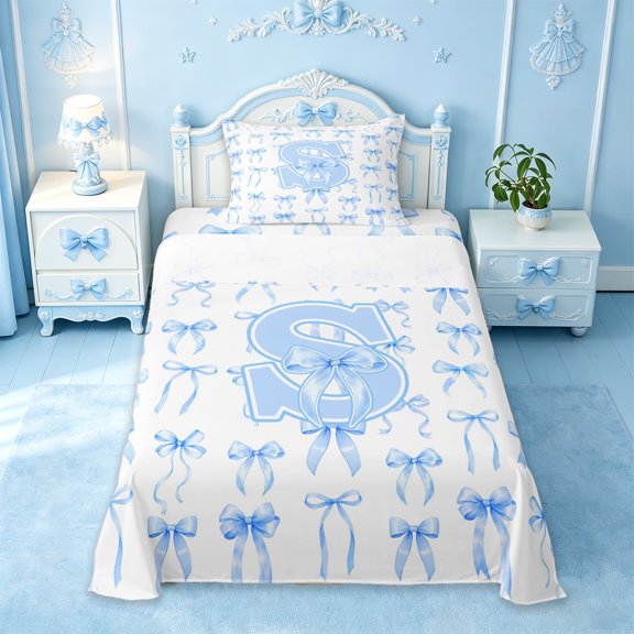 Manfei Blue Ribbon Bowtie Twin Sheet Sets For Girls,3D Cartoon Letter S Initial Lettering Bedding,3-Piece