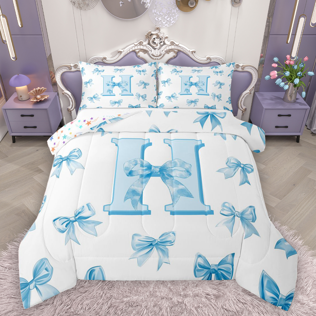 Homewish Blue Ribbon Letter H Bedding Comforter Set, Cartoon Cute ...