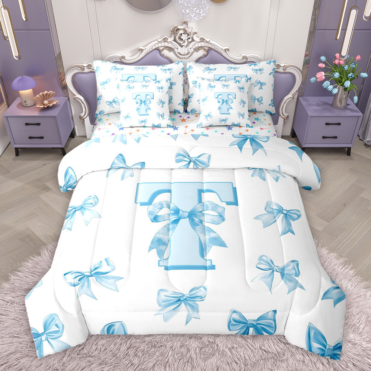Homewish Blue Ribbon Letter T Twin Bedding Sets 7-Piece, Cartoon Cute ...
