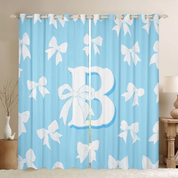 Homewish Blue Ribbon Monogrammed B Black Out Curtains, Cute Princess Bowknot Curtains Pack of 2 (42x63 Each), Teens Kids Boys Girls Bedroom Curtains, Curtains and Drapes Decor