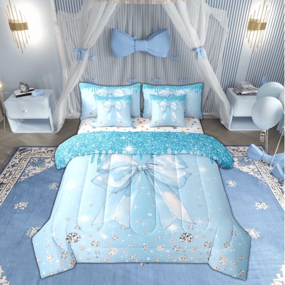 Feelyou Blue Ribbon Twin Bedding Sets 7-Piece, Diamond Sequin Print Bedding Comforter Set, Princess Bowknot Sheet Sets, Breathable Room Decoration