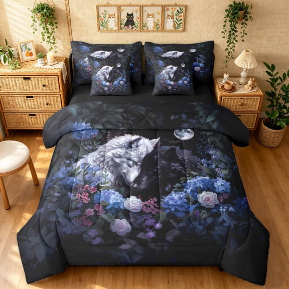 Manfei Blue Rose Wolf Full Size Bedding Sets, Valentine's Day Wildlife Full Size Bed in a Bag, Navy, Black Reversible, 7pcs