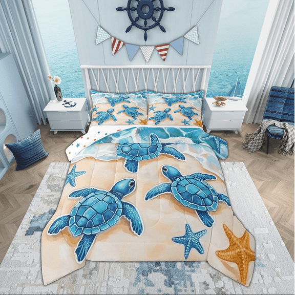 Manfei Blue Sea Turtle Bedding Twin Comforter Set, Beach Ocean Down Comforter, Sealife Animal Reversible Duvet Insert, Breathable Room Decorative, 2-Piece