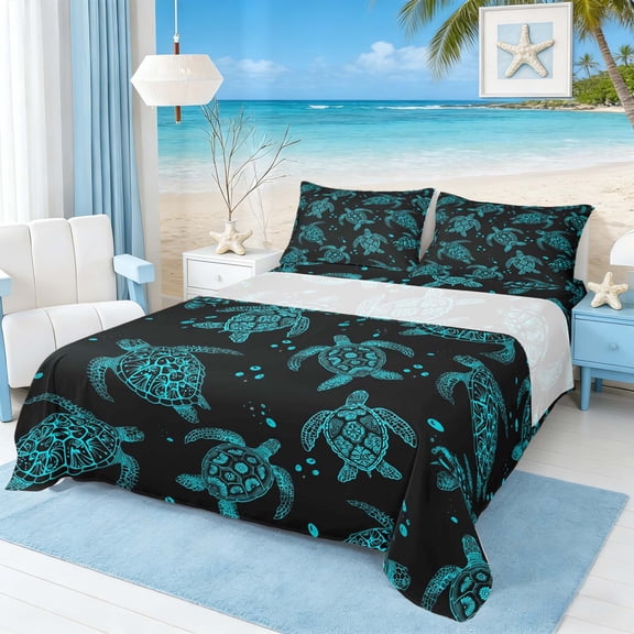 Manfei Blue Sea Turtle Queen Sheet Sets for Kids Boys and Girls, Marine Animal Print Bed Set 4-Piece, 1 Flat Sheet, 1 Fitted Sheet and 2 Pillowcases