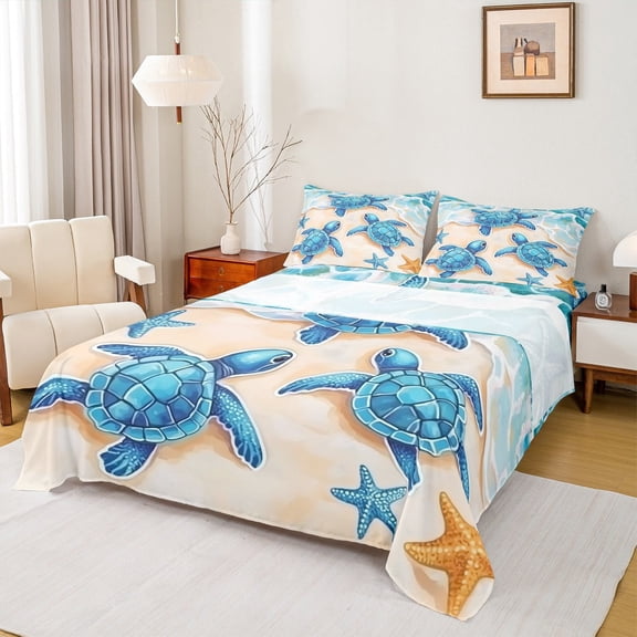 Manfei Blue Sea Turtle Twin Sheet Sets, Beach Ocean Sheet Set Twin, Sealife Animal Bed Sheets Set Twin Size, Breathable Room Decorative, 3-Piece
