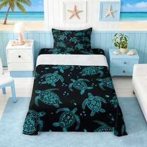 Manfei Blue Sea Turtle Twin Sheet Sets for Kids Boys and Girls, Marine Animal Print Bedding 3-Piece, 1 Flat Sheet, 1 Fitted Sheet and 1 Pillowcase
