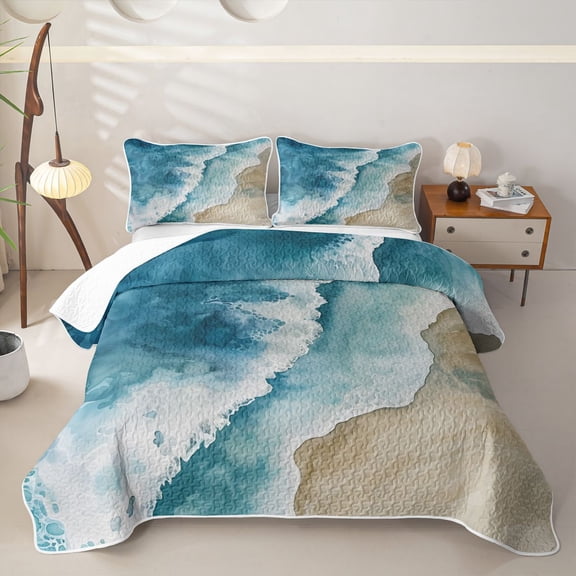 Manfei Blue Sea Waves Bed Spread Queen,Calm Sand Beach Queen Coverlet Set,3pcs