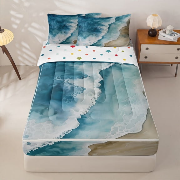 Manfei Blue Sea Waves Zipper Twin Comforter Sets with Fitted Sheet and 2 Pillowcases,Calm Sand Beach Zipper Bedding Set,Polkadot Reversible,4pcs