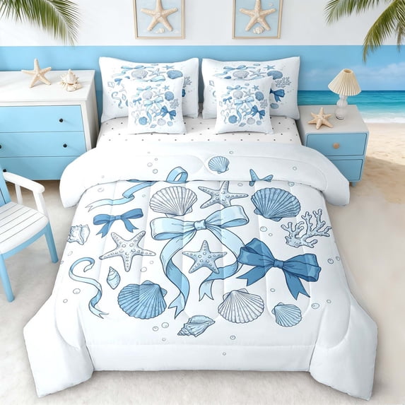 Manfei Blue Seashell Starfish Bedding Comforter Set for Girls Kids, Princess Bow Full Bedding Set, Reversible 7-Piece