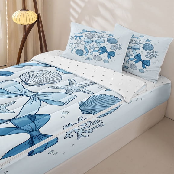 Manfei Blue Seashell Starfish Zipper Twin Comforter Sets with Fitted Sheet and 2 Pillowcases for Girls Kids, Princess Bow Zipper Bedding Set, Reversible, 4pcs